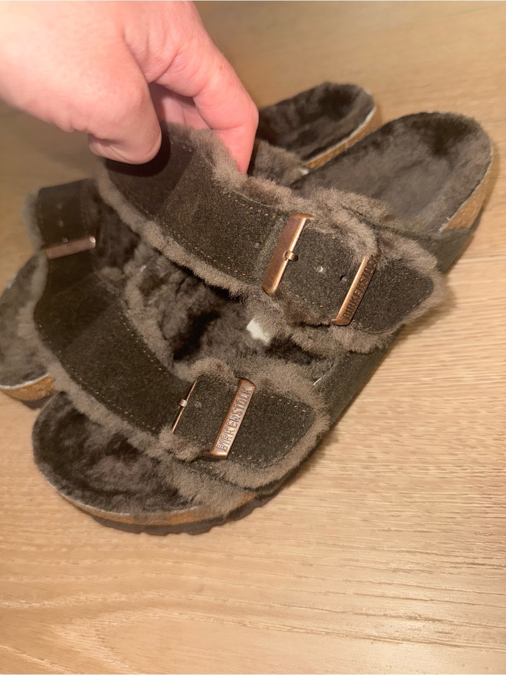 Birkenstock Kids Double-Strap Shearling Slides in Dark Brown